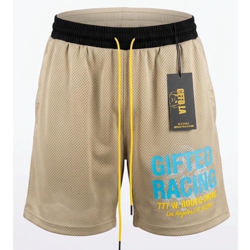 GFTD LA Rodeo Racing Shorts Mens Medium Khaki Mesh Athletic Graphic Los Angeles